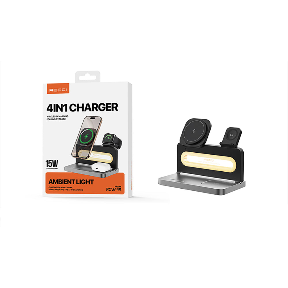 Recci RCW-49 Ambiyans Işıklı Telefon&Akıllı Saat&Kulaklık 15W 4in1 Kablosuz Şarj Standı Siyah