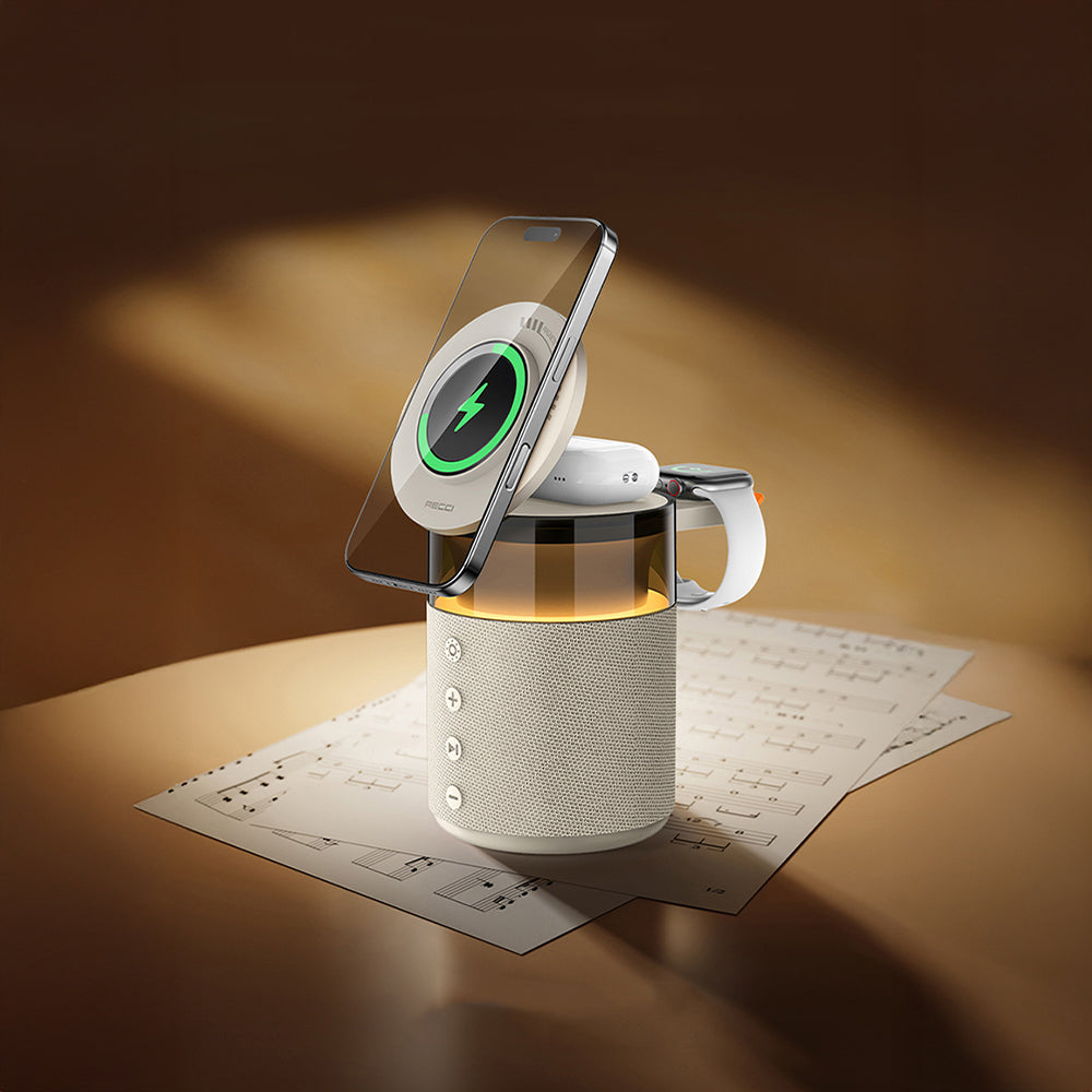 Recci RCW-51 Kablosuz Şarj Standı Ambiyans Işıklı Bluetooth Speaker Hoparlör Özellikli Beyaz