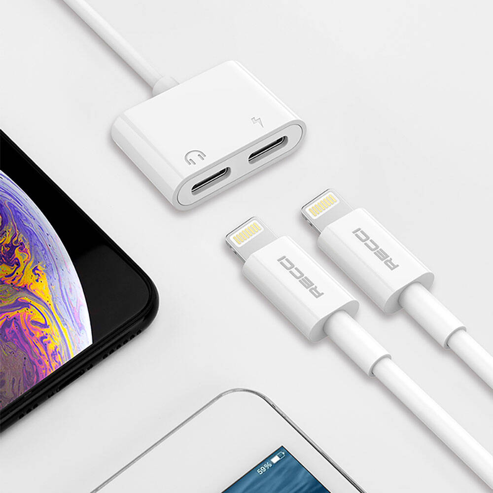 Recci RDS-A01 Lightning 2in1 Şarj ve Ses Adaptörü Beyaz