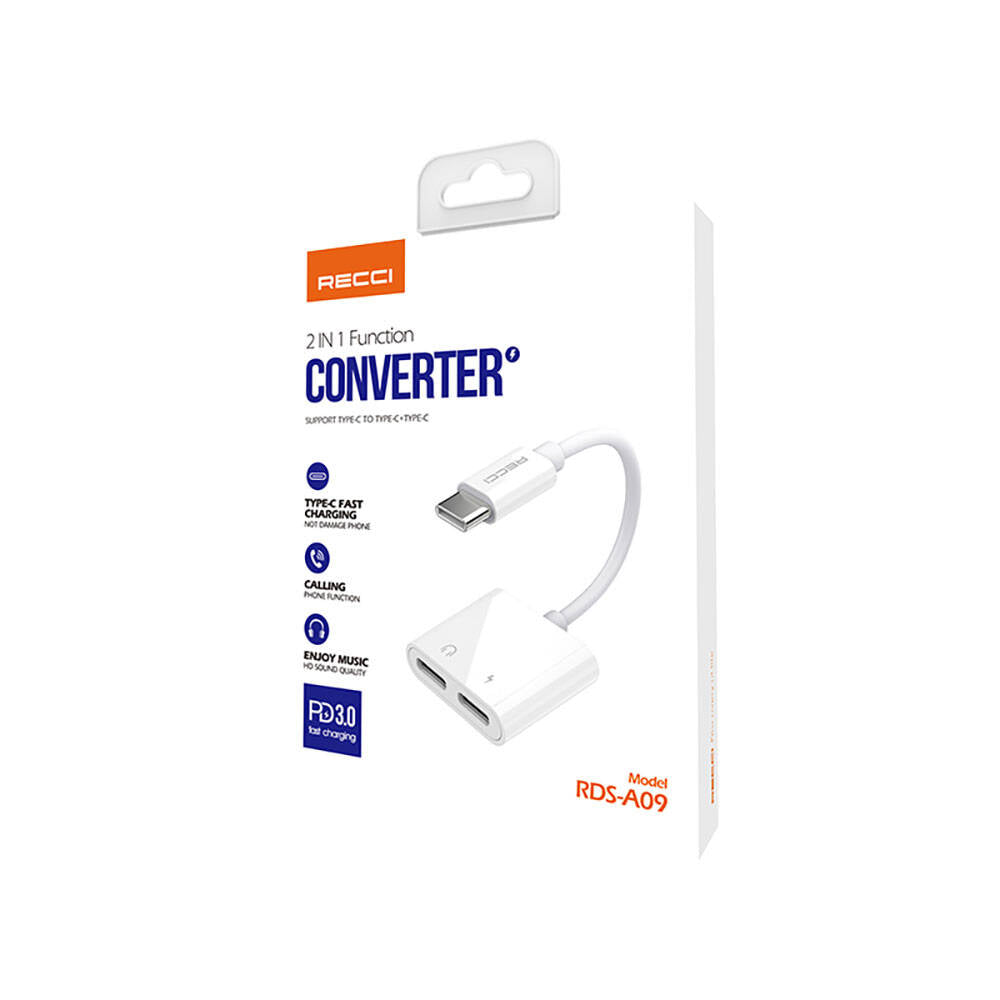 Recci RDS-A09 Type-C PD3.0 2in1 Şarj ve Ses Adaptörü Beyaz