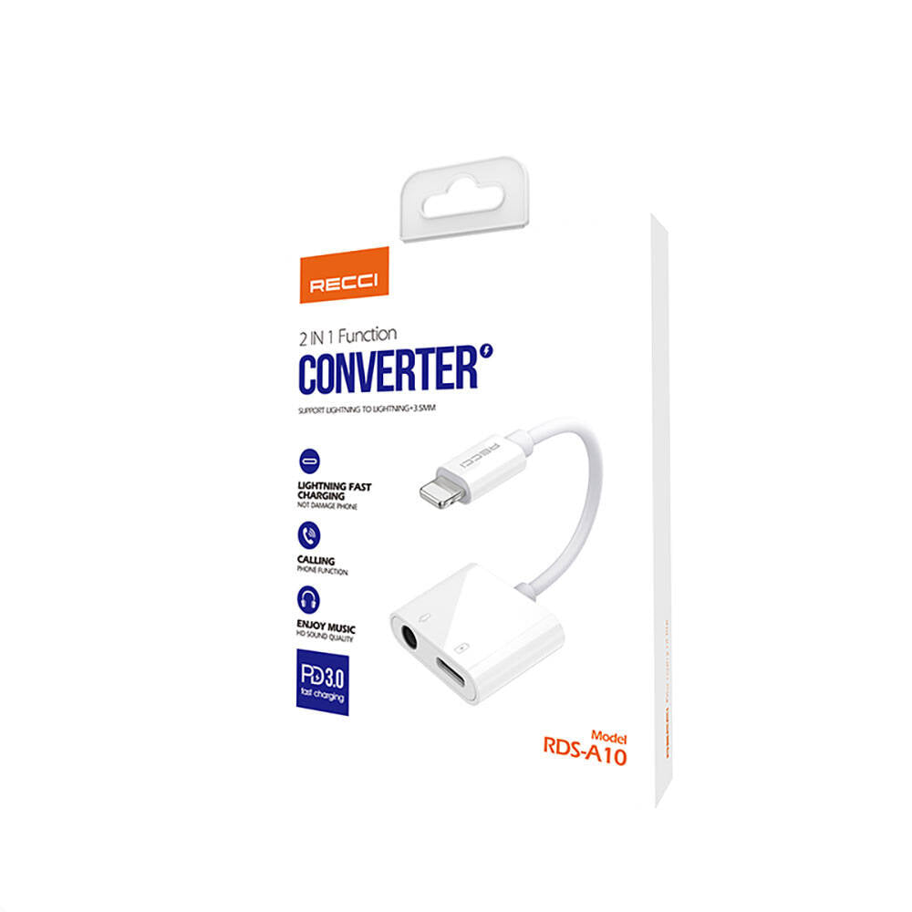 Recci RDS-A10 Lightning PD3.0 2in1 Şarj ve Ses Adaptörü Beyaz