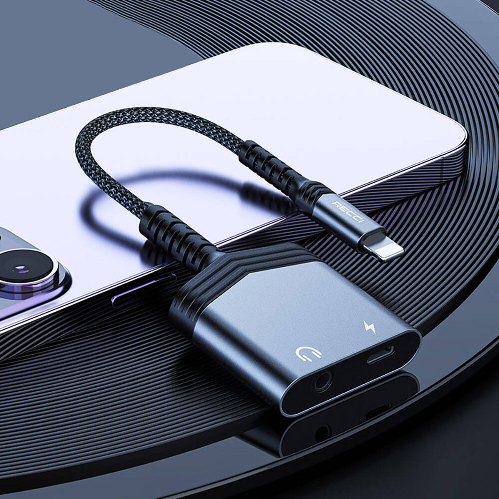 Recci RDS-A17 Lightning 2in1 Şarj ve Ses Adaptörü Gri