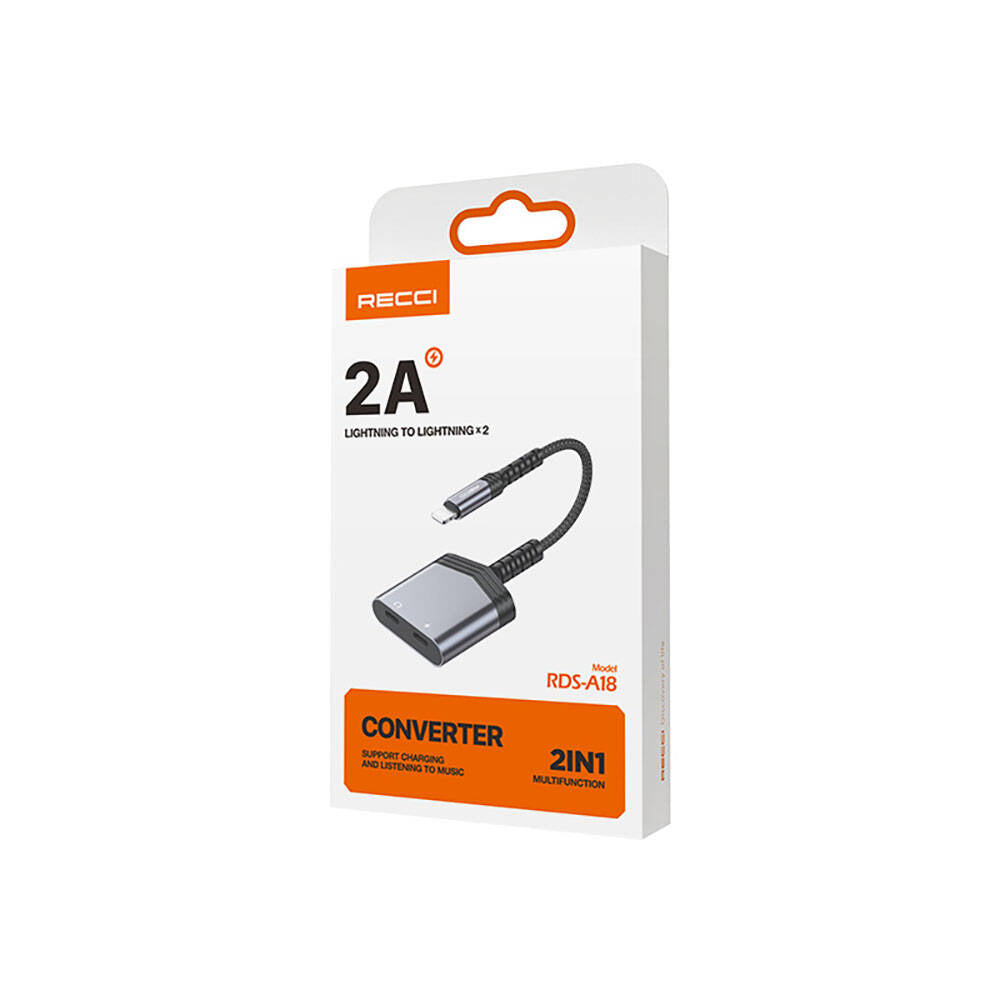Recci RDS-A18 Lightning 2in1 Şarj ve Ses Adaptörü Gri