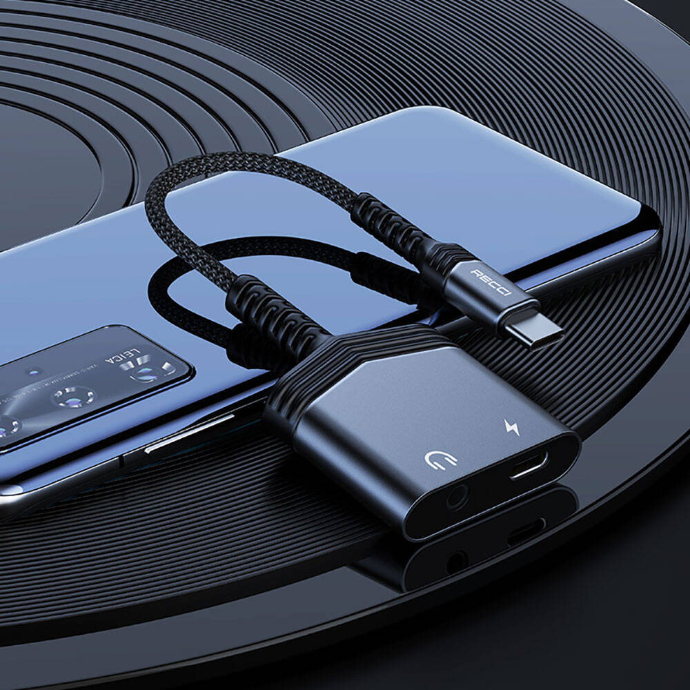 Recci RDS-A19 Type-C PD 2in1 Şarj ve Ses Adaptörü Gri