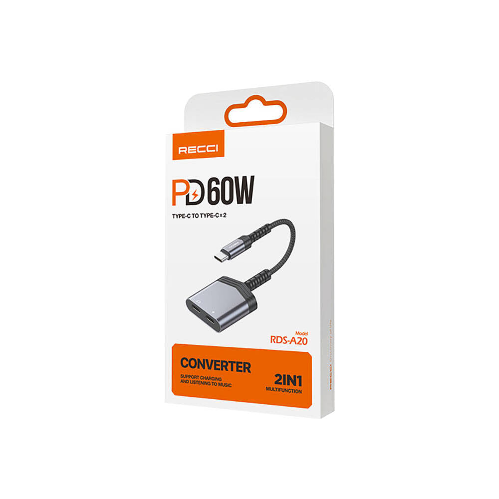 Recci RDS-A20 Type-C PD60W 2in1 Şarj ve Ses Adaptörü Gri