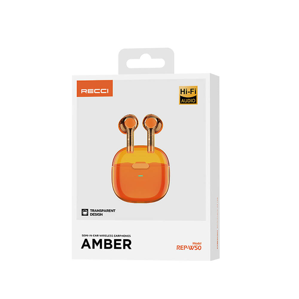 Recci REP-W50 Şeffaf Tasarım Hi-Fi Ses Kaliteli Bluetooth v5.3 Amber Serisi Kulak İçi Kulaklık Siyah