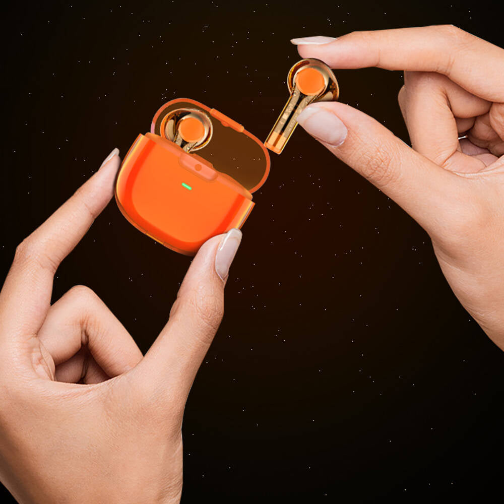 Recci REP-W50 Şeffaf Tasarım Hi-Fi Ses Kaliteli Bluetooth v5.3 Amber Serisi Kulak İçi Kulaklık Turuncu