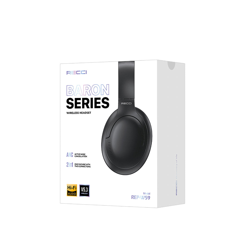 Recci REP-W59 Baron Serisi ANC Özellikli FM Destekli Ayarlanabilir Kulak Üstü Bluetooth Kulaklık Siyah