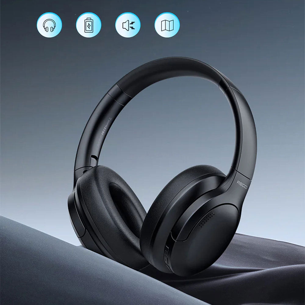 Recci REP-W59 Baron Serisi ANC Özellikli FM Destekli Ayarlanabilir Kulak Üstü Bluetooth Kulaklık Siyah