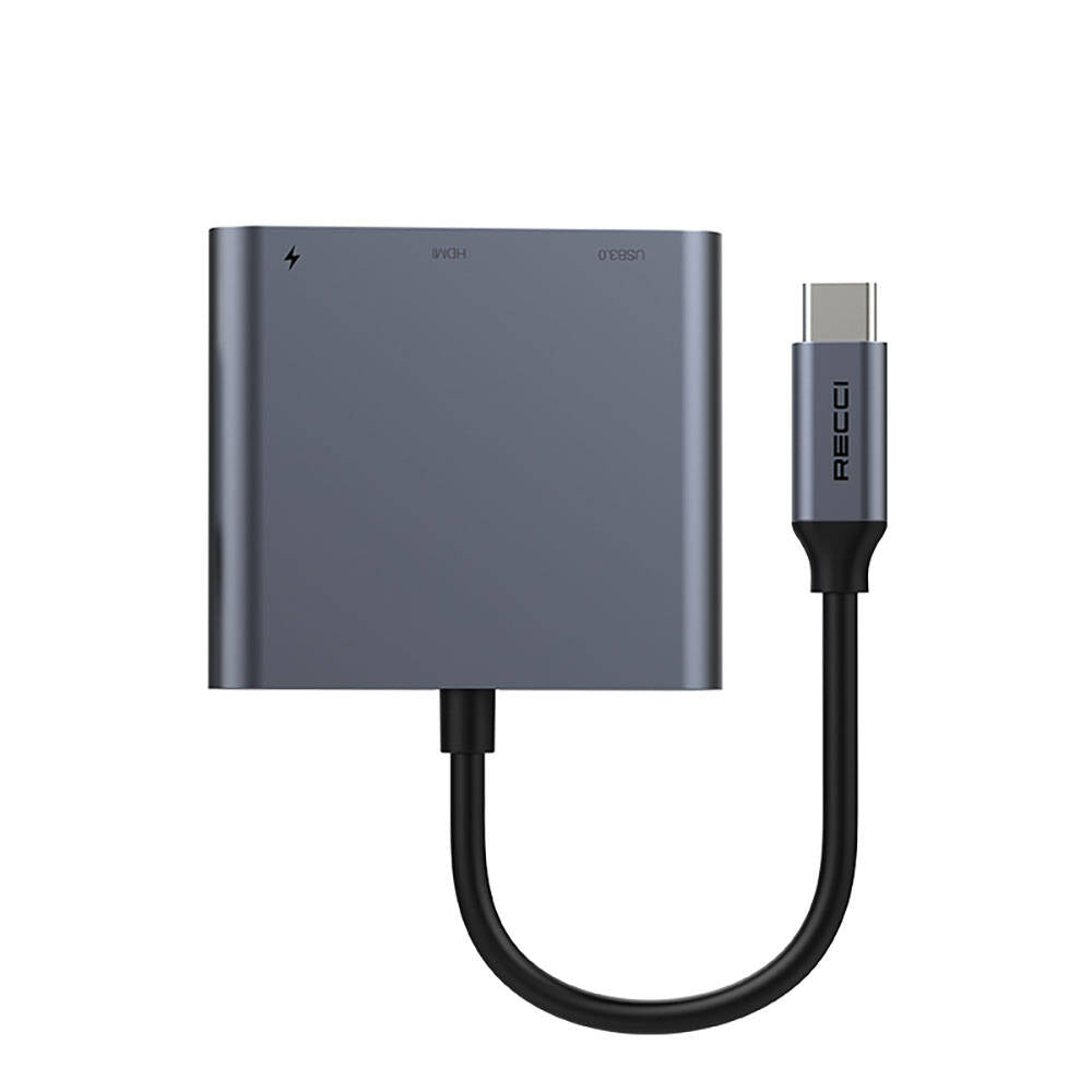 Recci RH05 Type-C to Type-C PD100W + HDMI 4K@30Hz + USB3.0 Bağlantı Özellikli 3in1 Hub Gri