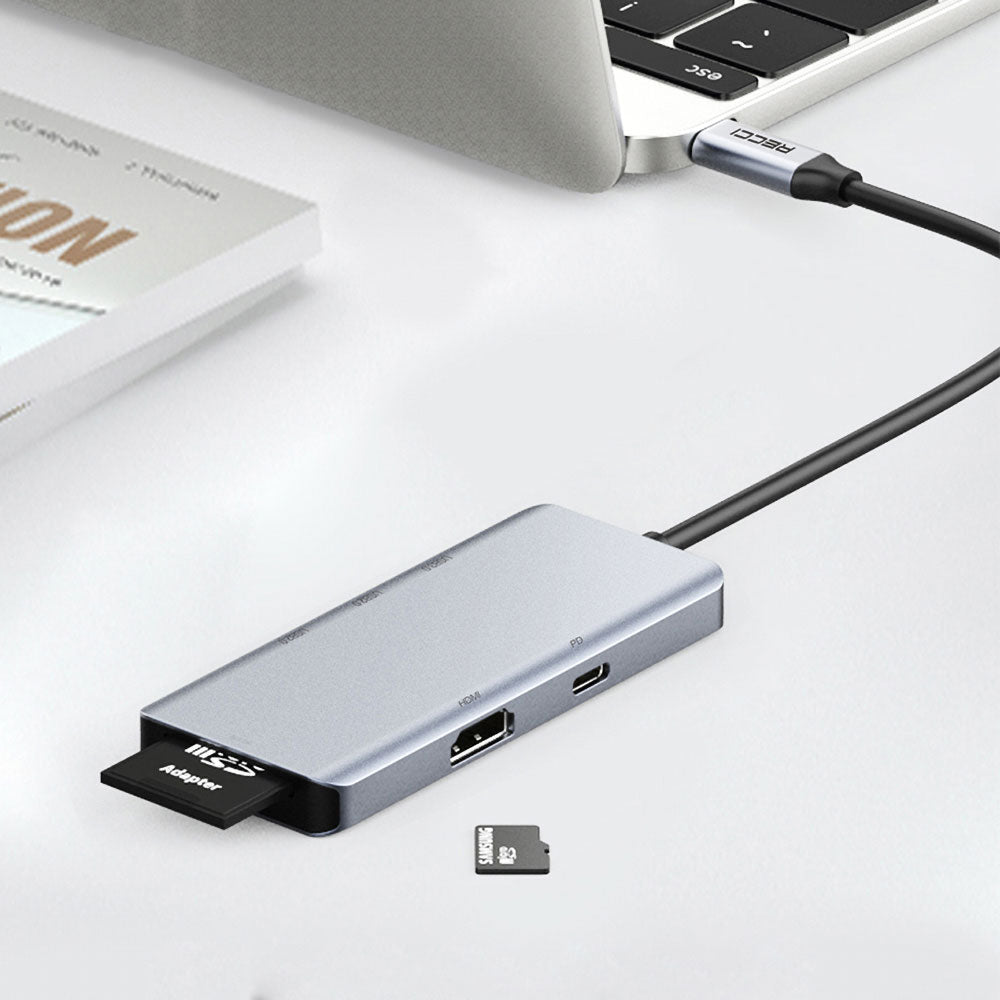 Recci RH07 7 in 1 Type-C Hub PD 100W Şarj Destekli SD Kart-HDMI-USB Çoğaltıcı Kablo 120mm Gri