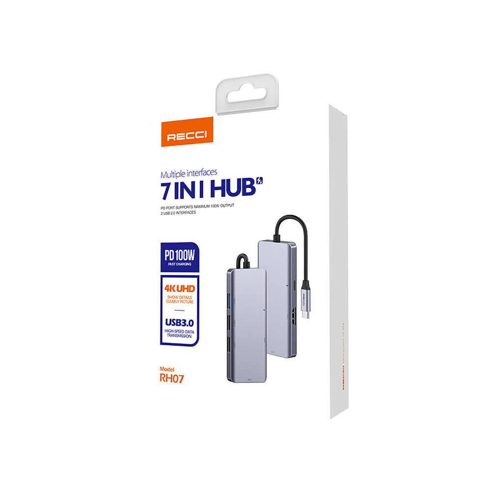 Recci RH07 7 in 1 Type-C Hub PD 100W Şarj Destekli SD Kart-HDMI-USB Çoğaltıcı Kablo 120mm Gri