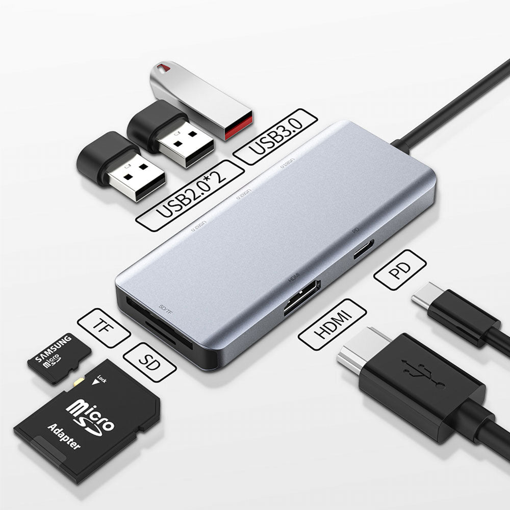 Recci RH07 7 in 1 Type-C Hub PD 100W Şarj Destekli SD Kart-HDMI-USB Çoğaltıcı Kablo 120mm Gri