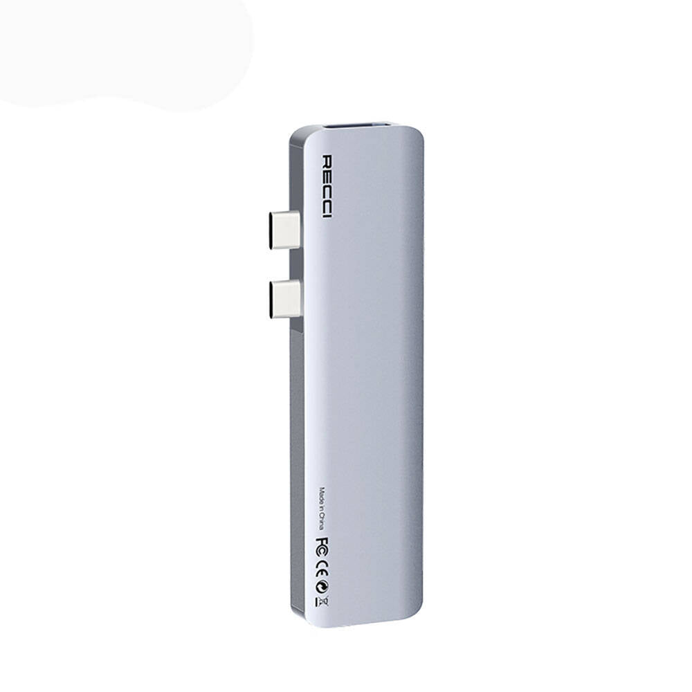 Recci RH08 Type-C to Type-C + SD/TF + USB3.0 + USB2.0 + HDMI + Thunderbolt 3 Bağlantılı 7in2 Hub Gri