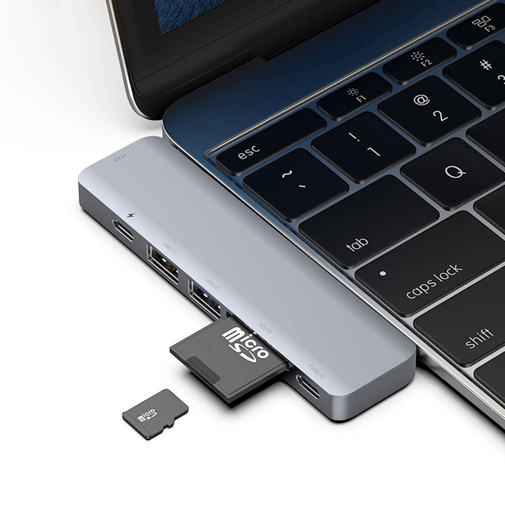 Recci RH08 Type-C to Type-C + SD/TF + USB3.0 + USB2.0 + HDMI + Thunderbolt 3 Bağlantılı 7in2 Hub Gri