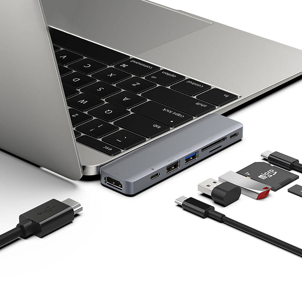Recci RH08 Type-C to Type-C + SD/TF + USB3.0 + USB2.0 + HDMI + Thunderbolt 3 Bağlantılı 7in2 Hub Gri