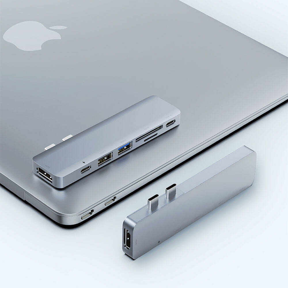 Recci RH08 Type-C to Type-C + SD/TF + USB3.0 + USB2.0 + HDMI + Thunderbolt 3 Bağlantılı 7in2 Hub Gri
