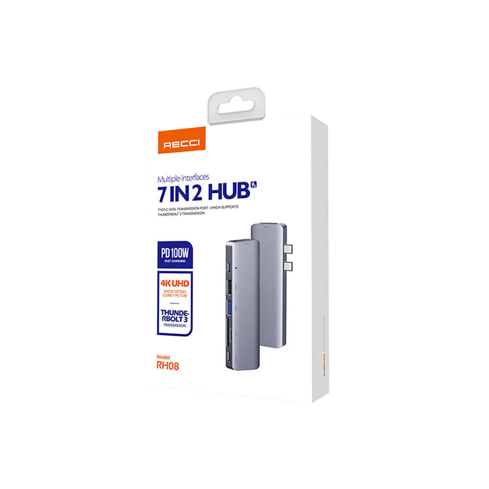 Recci RH08 Type-C to Type-C + SD/TF + USB3.0 + USB2.0 + HDMI + Thunderbolt 3 Bağlantılı 7in2 Hub Gri