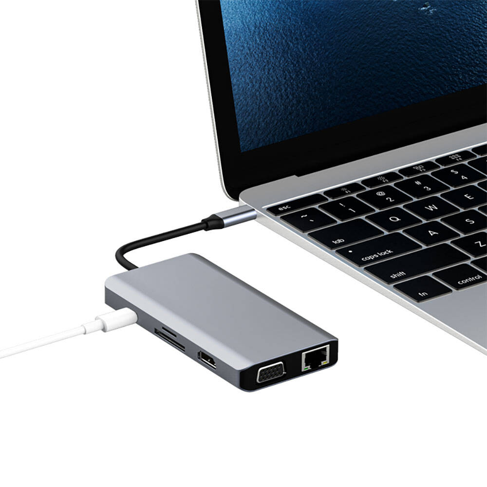 Recci RH09 Type-C to Type-C + SD/TF + USB3.0 + USB2.0 + HDMI + VGA + RJ45 Bağlantılı 9in1 Hub Gri