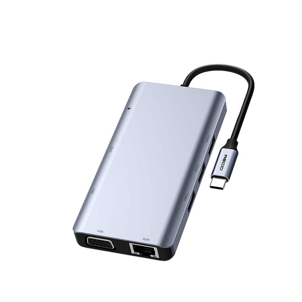 Recci RH09 Type-C to Type-C + SD/TF + USB3.0 + USB2.0 + HDMI + VGA + RJ45 Bağlantılı 9in1 Hub Gri