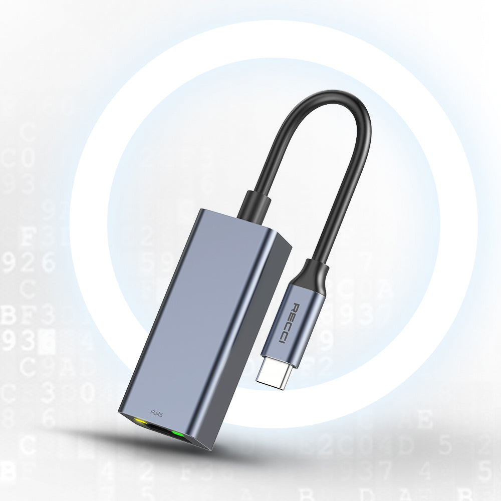 Recci RH10 RJ45 to Type-C Ethernet Dönüştürücü Kablo 100Mbps 80mm Gri