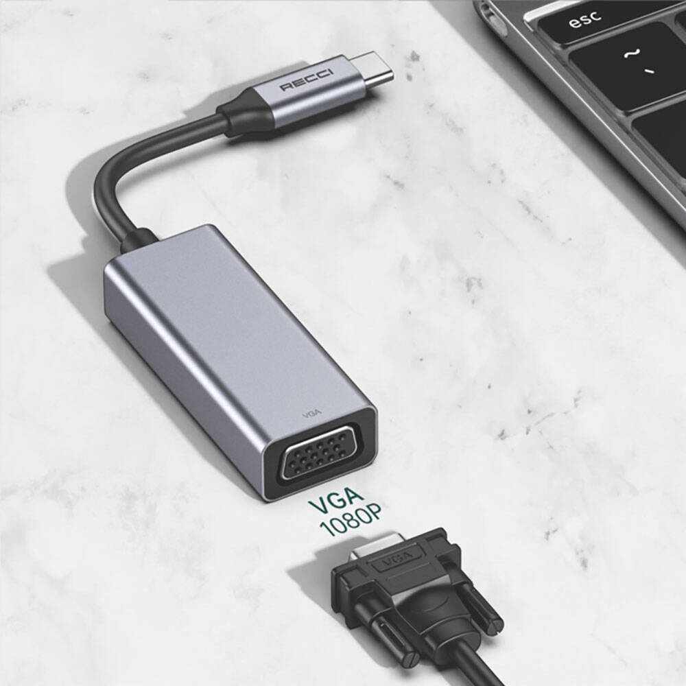 Recci RH12 VGA to Type-C Dönüştürücü Kablo Gri
