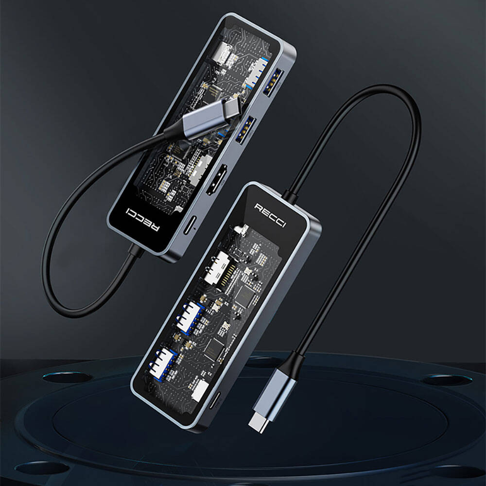 Recci RH16 Type-C to Type-C PD100W + USB3.0 + HDMI + Type-C Bağlantılı 5in1 Hub Gri