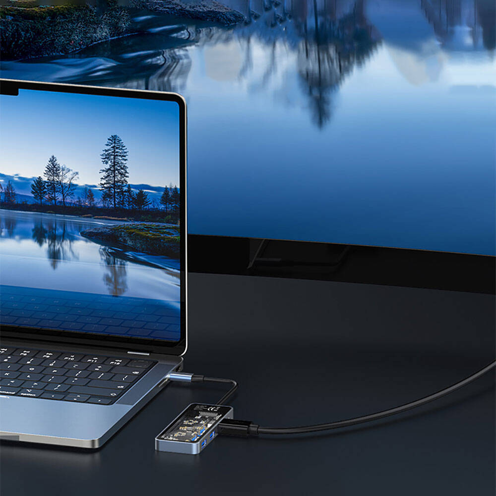 Recci RH16 Type-C to Type-C PD100W + USB3.0 + HDMI + Type-C Bağlantılı 5in1 Hub Gri