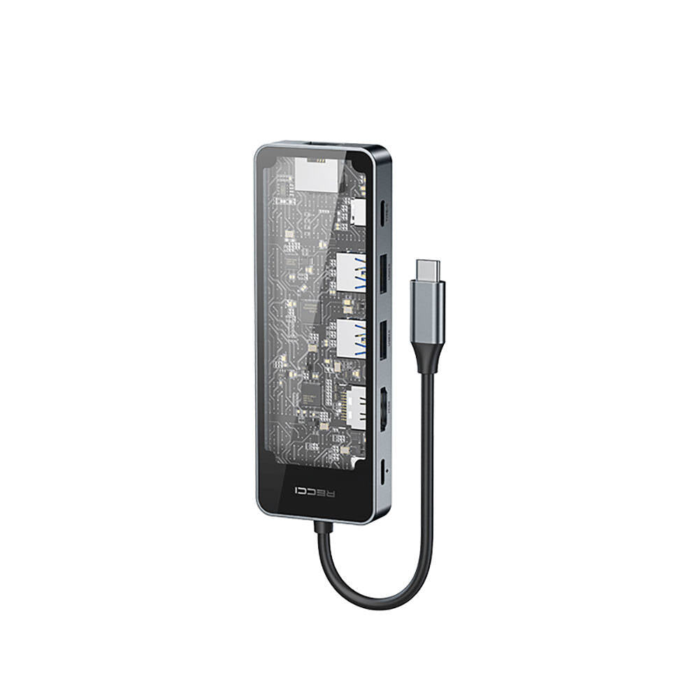 Recci RH17 Type-C to Type-C PD100W + USB3.0 + HDMI + Type-C + RJ45 Bağlantılı 6in1 Hub Gri