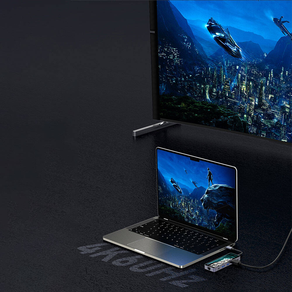 Recci RH17 Type-C to Type-C PD100W + USB3.0 + HDMI + Type-C + RJ45 Bağlantılı 6in1 Hub Gri