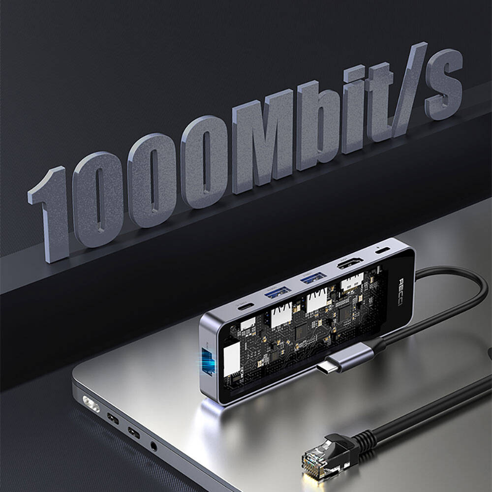 Recci RH17 Type-C to Type-C PD100W + USB3.0 + HDMI + Type-C + RJ45 Bağlantılı 6in1 Hub Gri