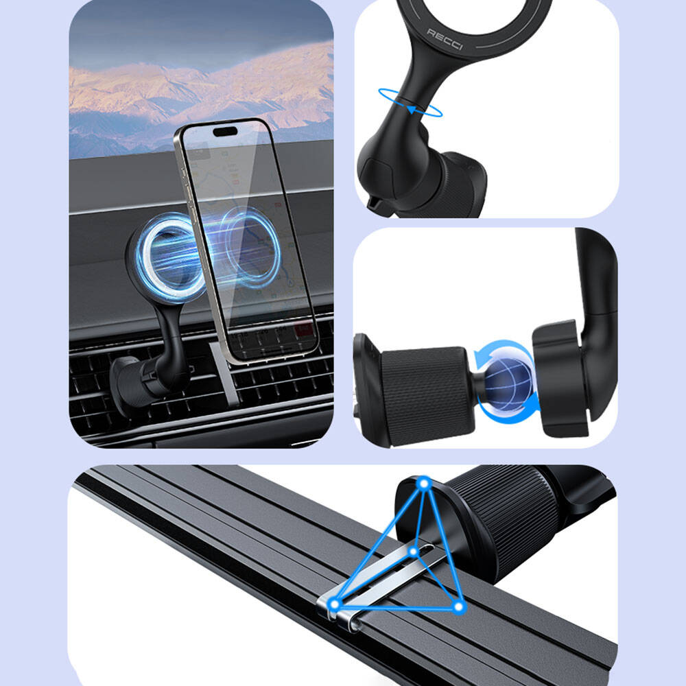 Recci RHO-C42 M-safe Magnetik 360° Dönebilen Havalandırma Tasarım Araç Telefon Tutucu Siyah