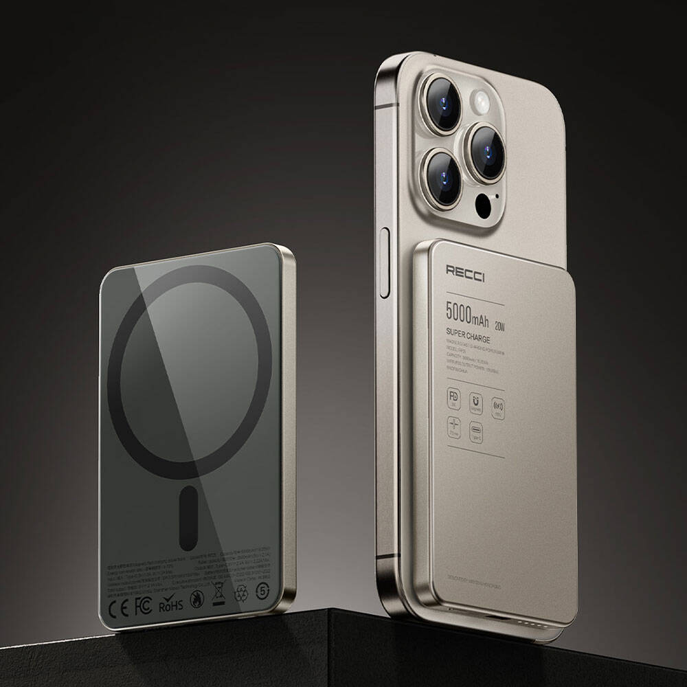 Recci RP25 PD 20W Ultra İnce Hızlı Şarj Özellikli Wireless Powerbank 15W 5000mAh Gold