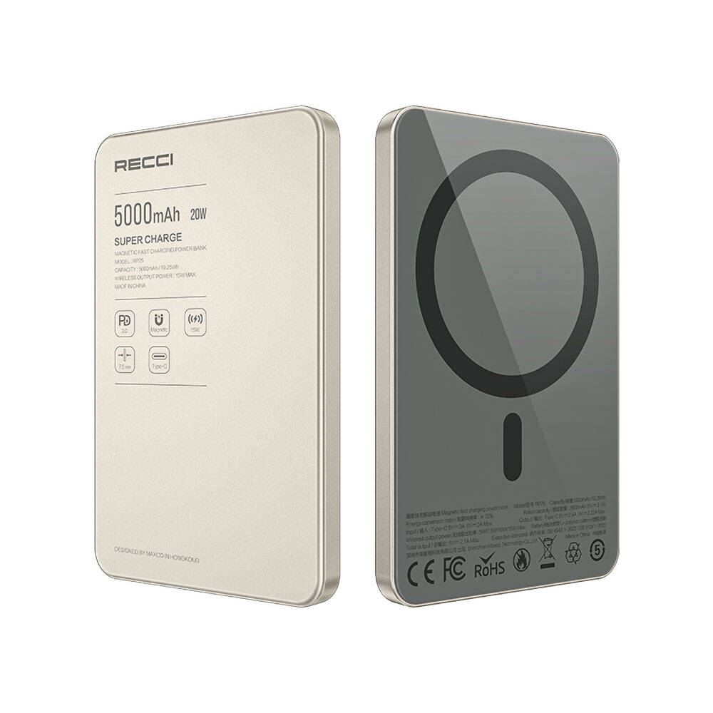 Recci RP25 PD 20W Ultra İnce Hızlı Şarj Özellikli Wireless Powerbank 15W 5000mAh Gold