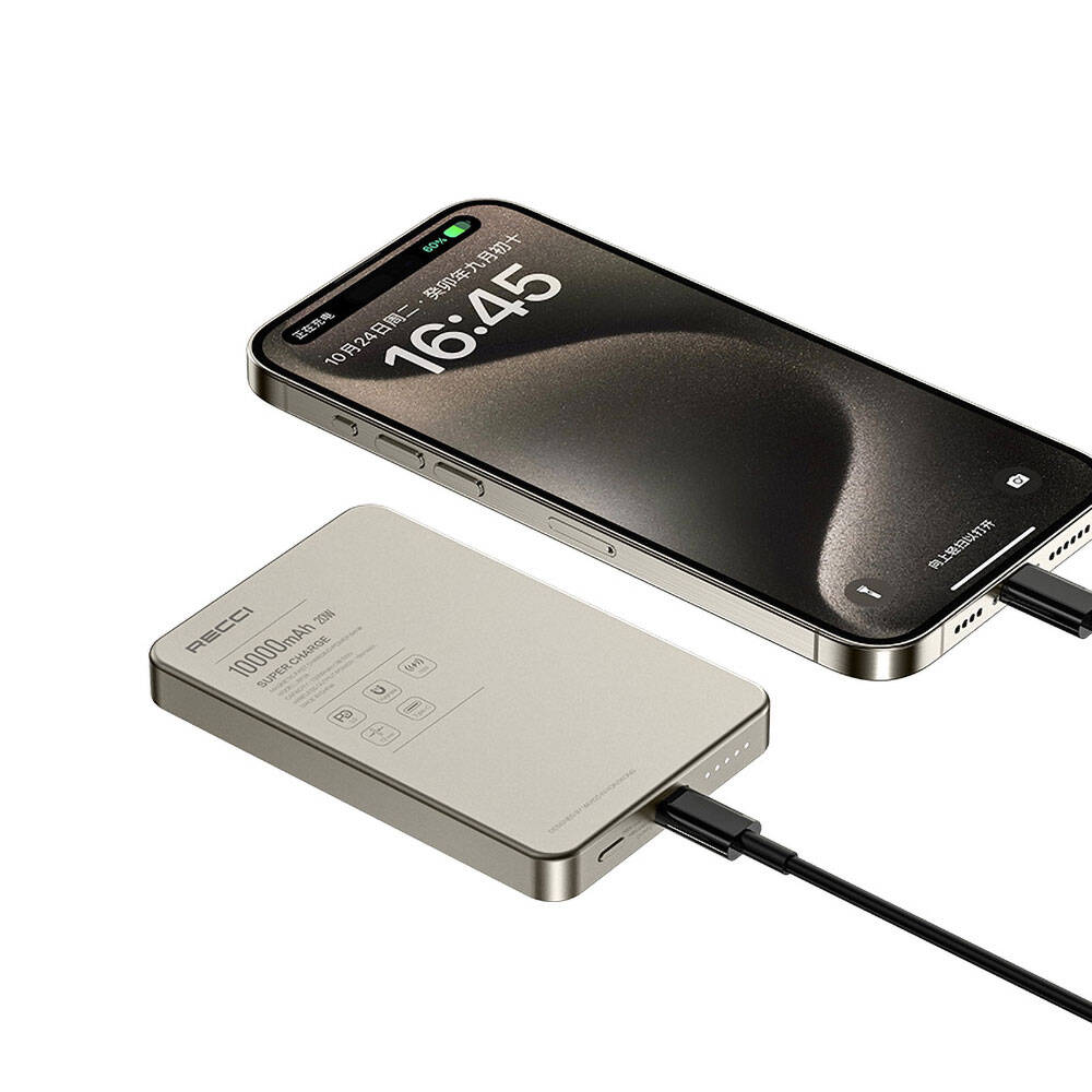 Recci RP26 PD 20W Ultra İnce Hızlı Şarj Özellikli Wireless Powerbank 15W 10000mAh Gold