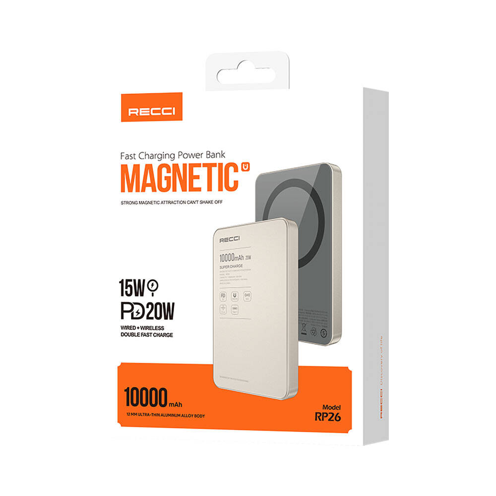 Recci RP26 PD 20W Ultra İnce Hızlı Şarj Özellikli Wireless Powerbank 15W 10000mAh Gold