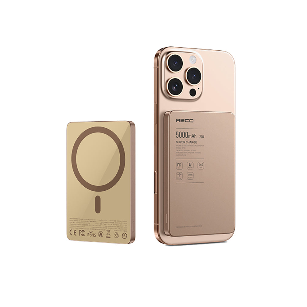 Recci RP33 PD 20W Ultra İnce Led Göstergeli Hızlı Şarj Özellikli Wireless Powerbank 15W 5000mAh Gri