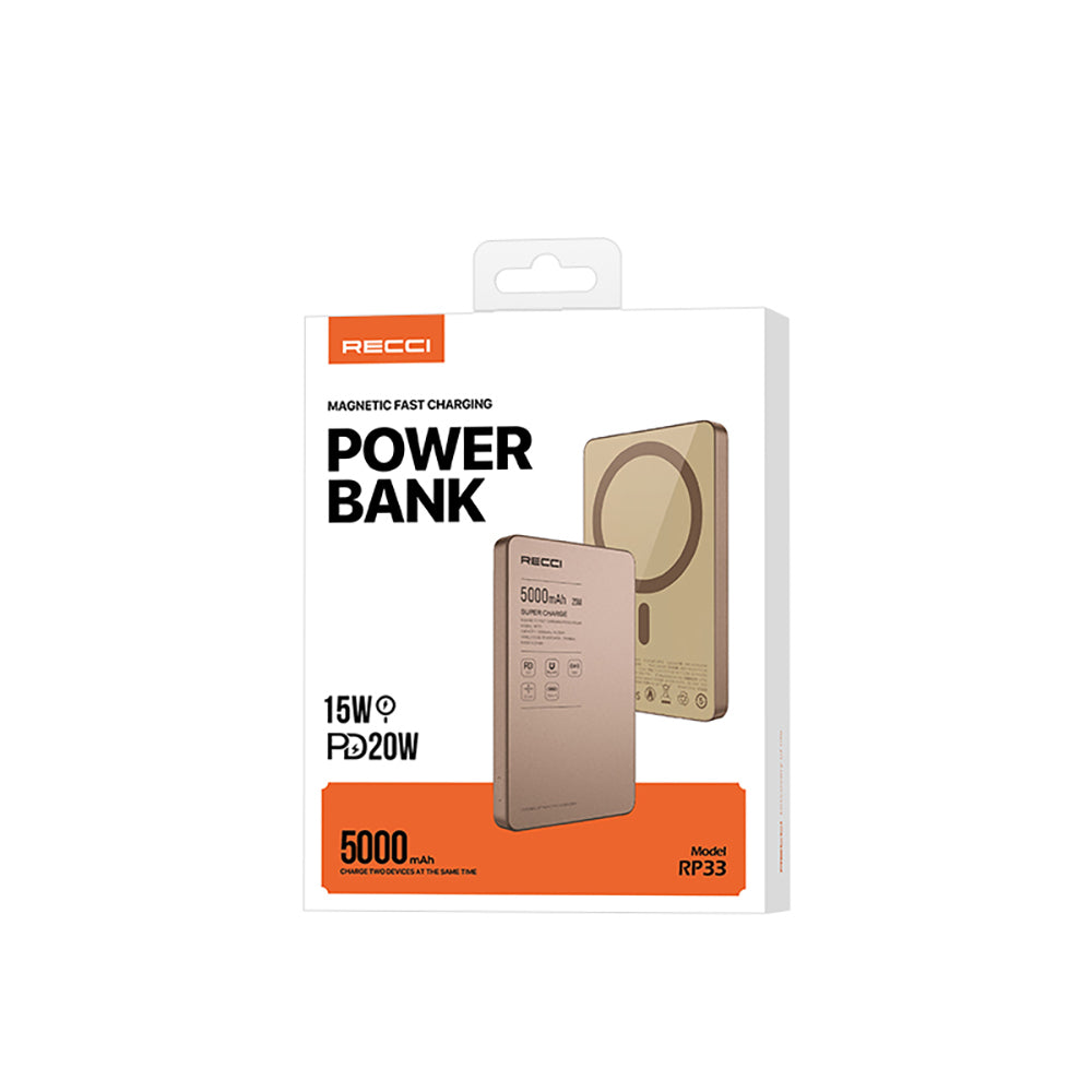 Recci RP33 PD 20W Ultra İnce Led Göstergeli Hızlı Şarj Özellikli Wireless Powerbank 15W 5000mAh Gri
