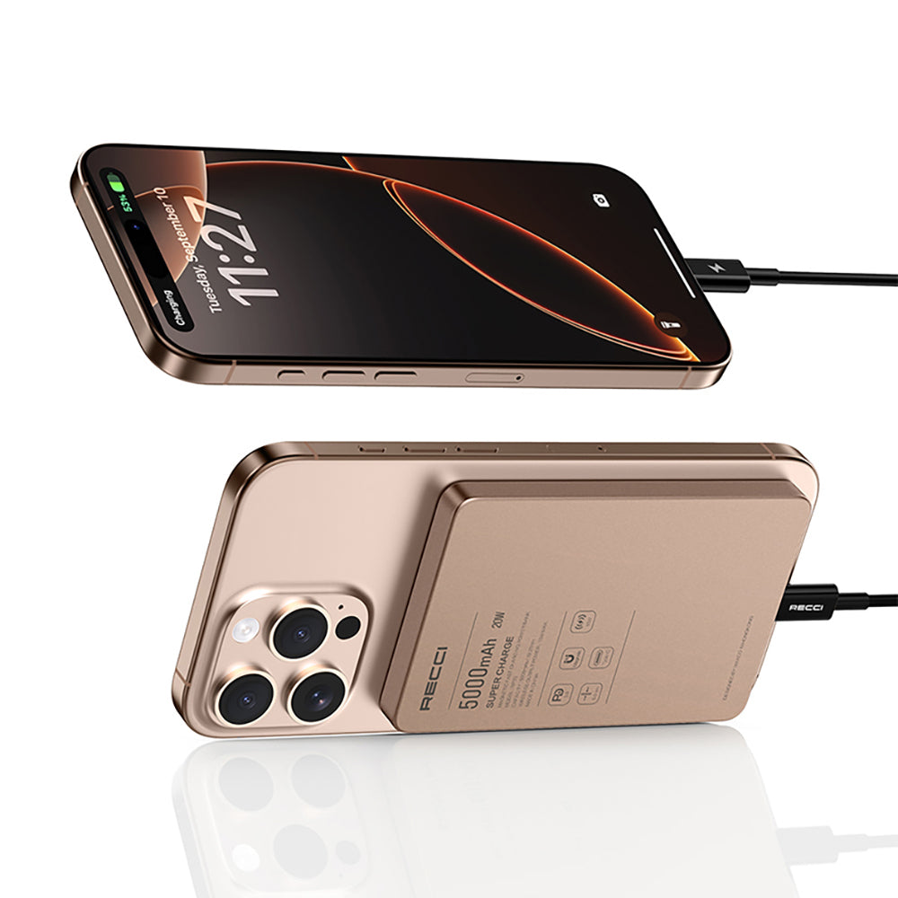 Recci RP33 PD 20W Ultra İnce Led Göstergeli Hızlı Şarj Özellikli Wireless Powerbank 15W 5000mAh Gold