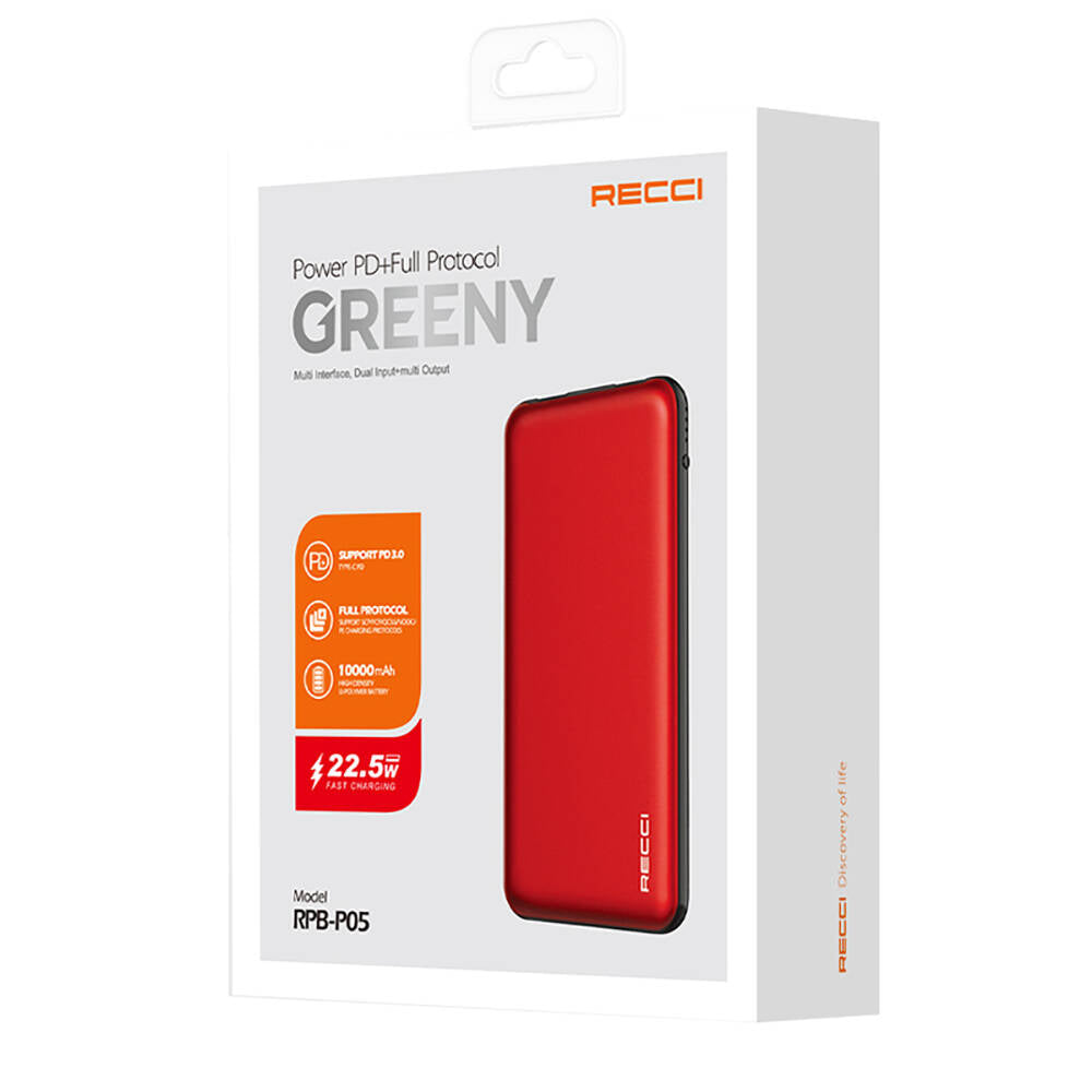 Recci RPB-P05 Greeny Serisi LED Işık Göstergeli Hızlı Şarj Özellikli Taşınabilir Powerbank 22.5W 10000mAh Yeşil