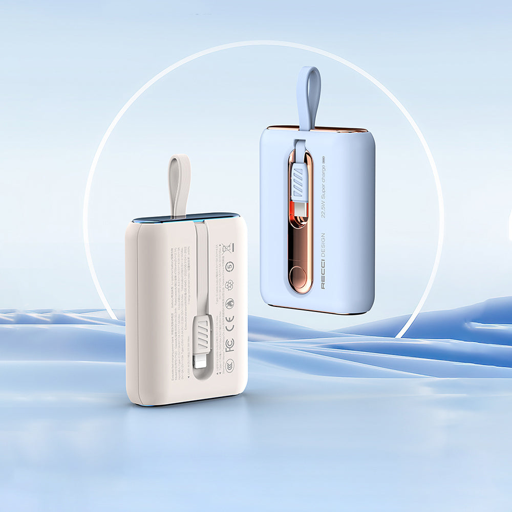 Recci RPB-P12 PD 20W Askı İpli Hızlı Şarj Özellikli Type-C Kablolu Powerbank 22.5W 9000mAh Mavi