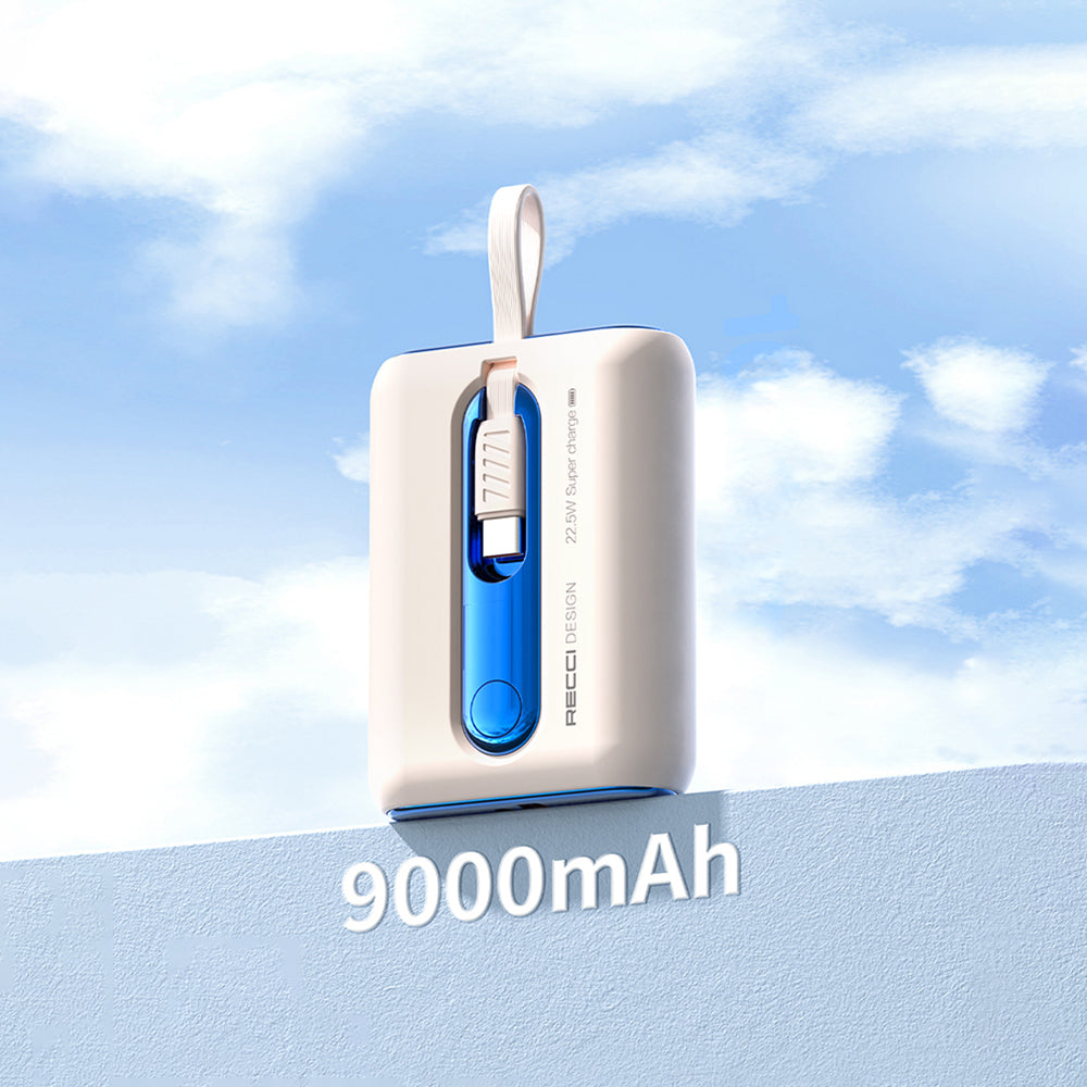 Recci RPB-P12 PD 20W Askı İpli Hızlı Şarj Özellikli Type-C Kablolu Powerbank 22.5W 9000mAh Mavi
