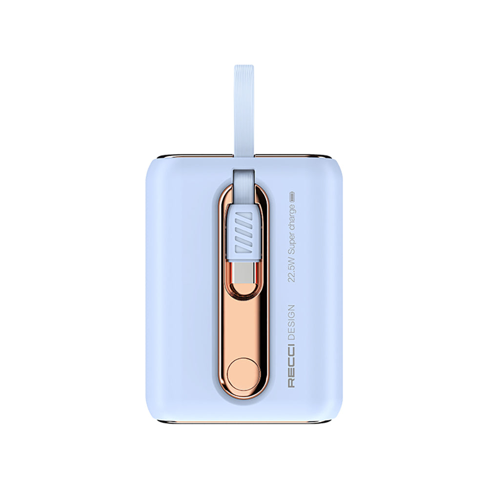 Recci RPB-P12 PD 20W Askı İpli Hızlı Şarj Özellikli Type-C Kablolu Powerbank 22.5W 9000mAh Mavi