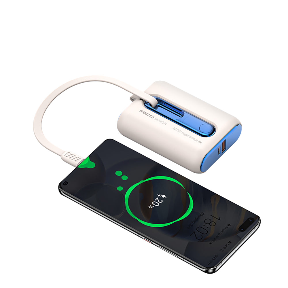 Recci RPB-P12 PD 20W Askı İpli Hızlı Şarj Özellikli Type-C Kablolu Powerbank 22.5W 9000mAh Mavi