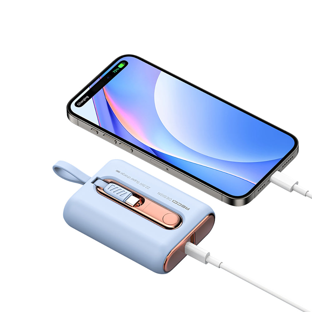 Recci RPB-P12 PD 20W Askı İpli Hızlı Şarj Özellikli Type-C Kablolu Powerbank 22.5W 9000mAh Mavi