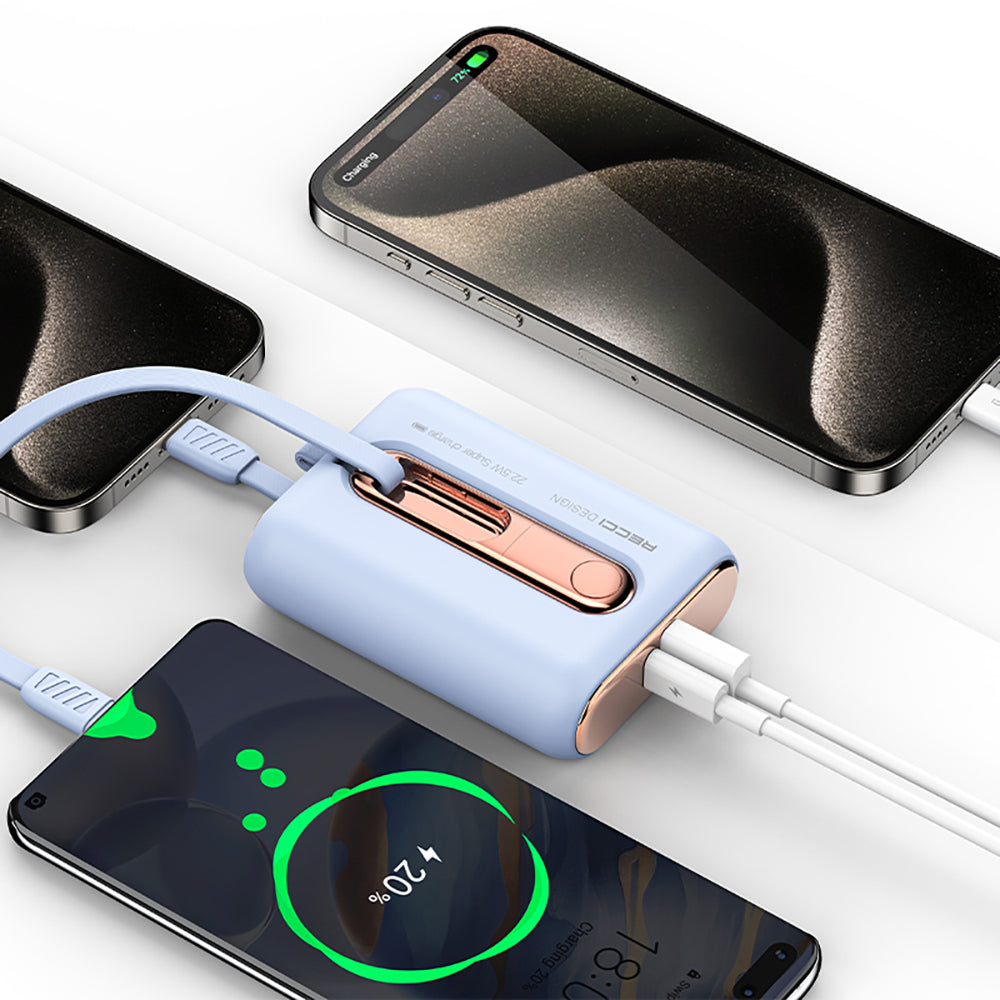 Recci RPB-P12 PD 20W Askı İpli Hızlı Şarj Özellikli Type-C Kablolu Powerbank 22.5W 9000mAh Mavi