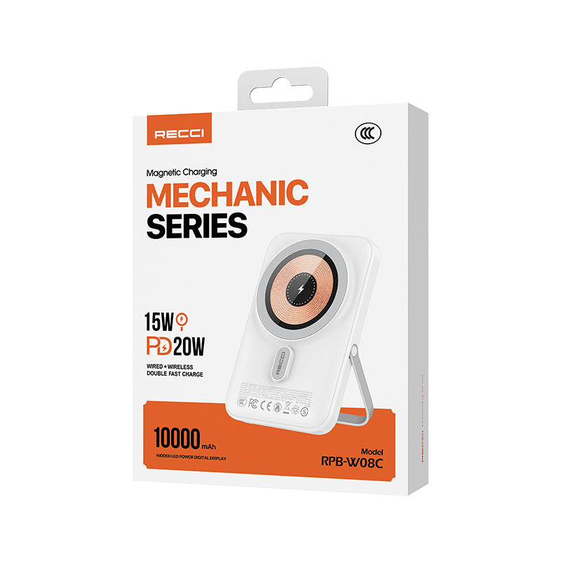 Recci RPB-W08C Mechanic Serisi Dijital LED Ekranlı Standlı Kablosuz Powerbank 10000mAh 15W Beyaz