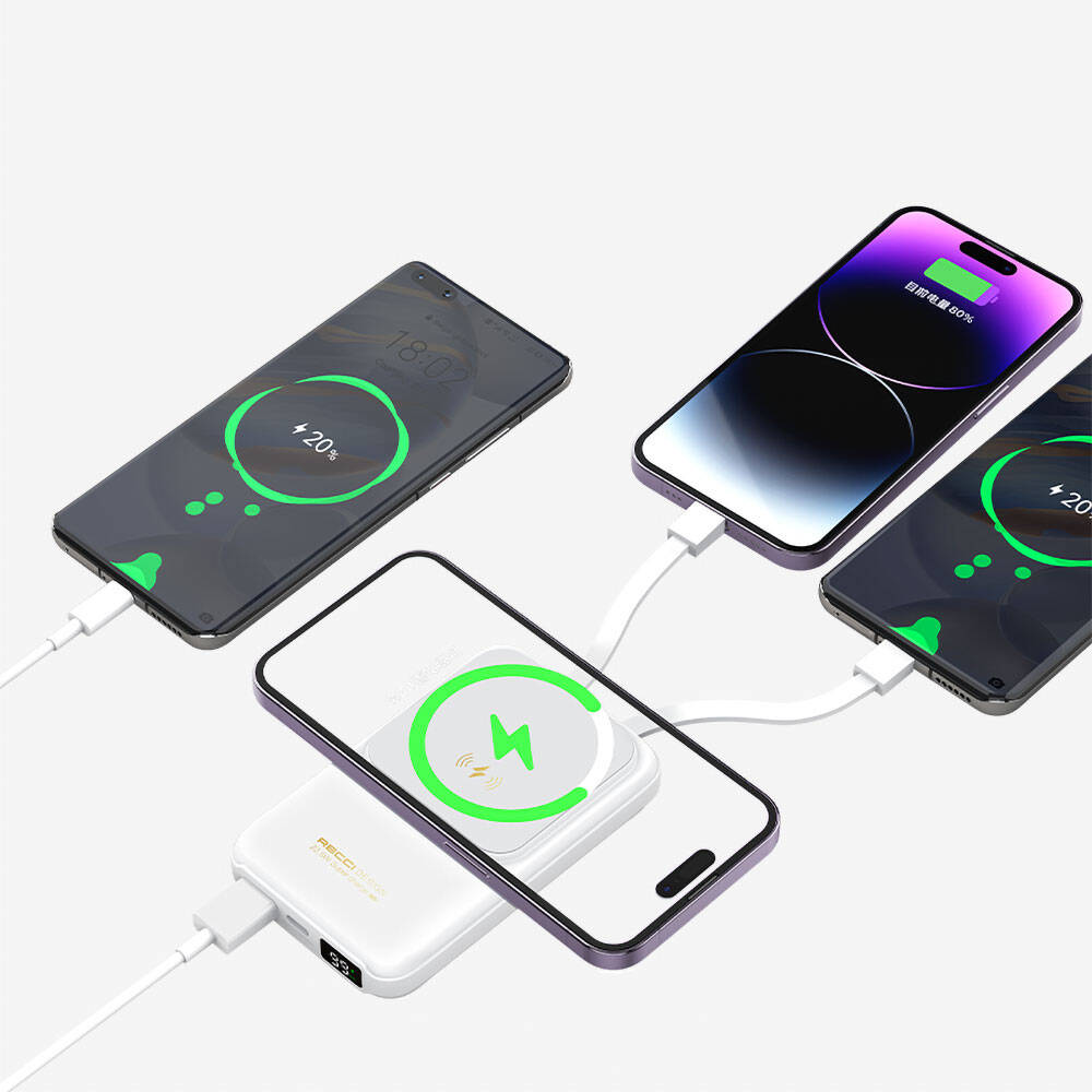 Recci RPB-W10 Polaris Serisi Çift Kablolu LED Dijital Göstergeli Wireless Powerbank 15W 10000mAh Beyaz