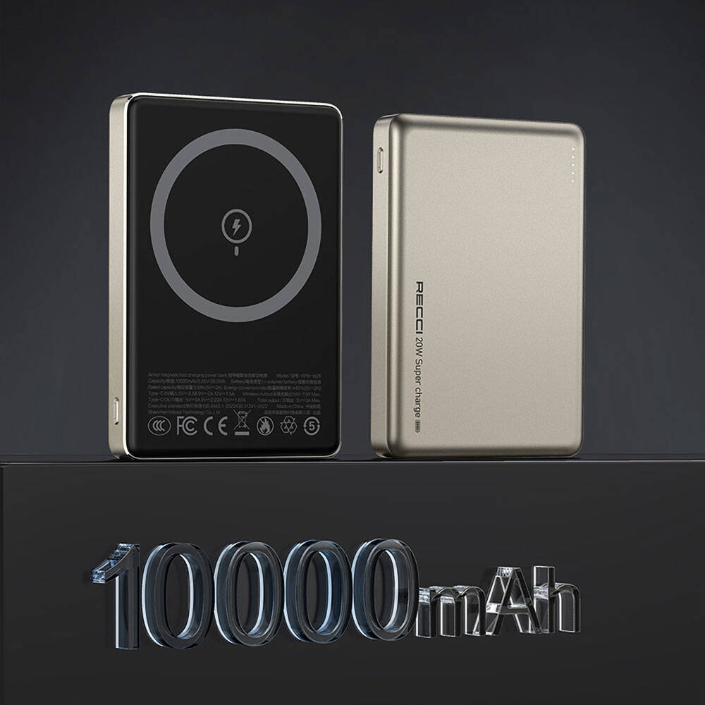 Recci RPB-W26 Armor Serisi Ultra İnce PD 20W Hızlı Şarj Özellikli Wireless Powerbank 15W 10000mAh Gri