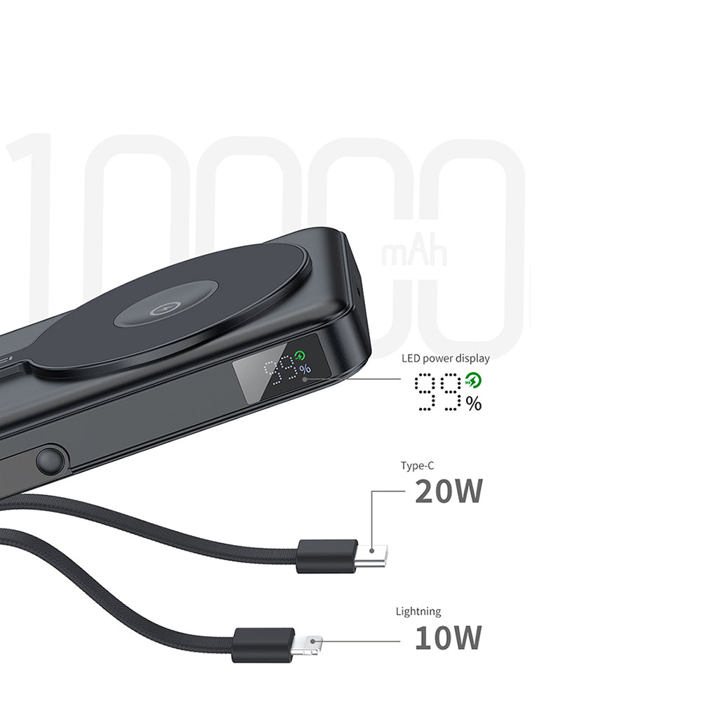 Recci RPB-W27 Galaxy Serisi Dijital LED Göstergeli Kablosuz Şarj Özellikli Type-C ve Lightning Kablolu Powerbank 20W 10.000mAh Siyah